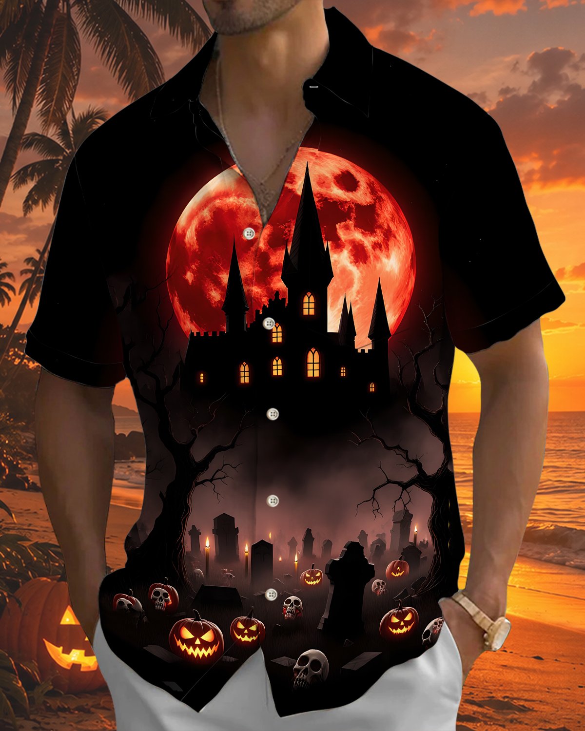 Alohadaddy® Men's Short-Sleeve Button-Down Shirt Holiday/Halloween Graphic Print with Pocket