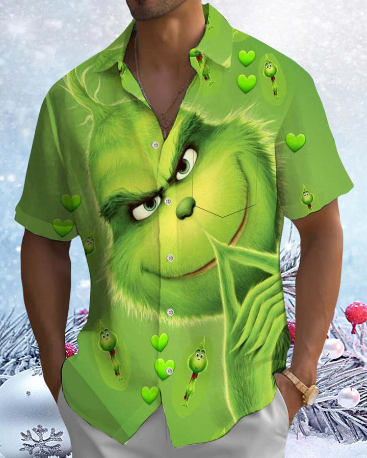 Alohadaddy® Holiday Grinch-Print Button-Down Short-Sleeve Shirt with Pocket for Men