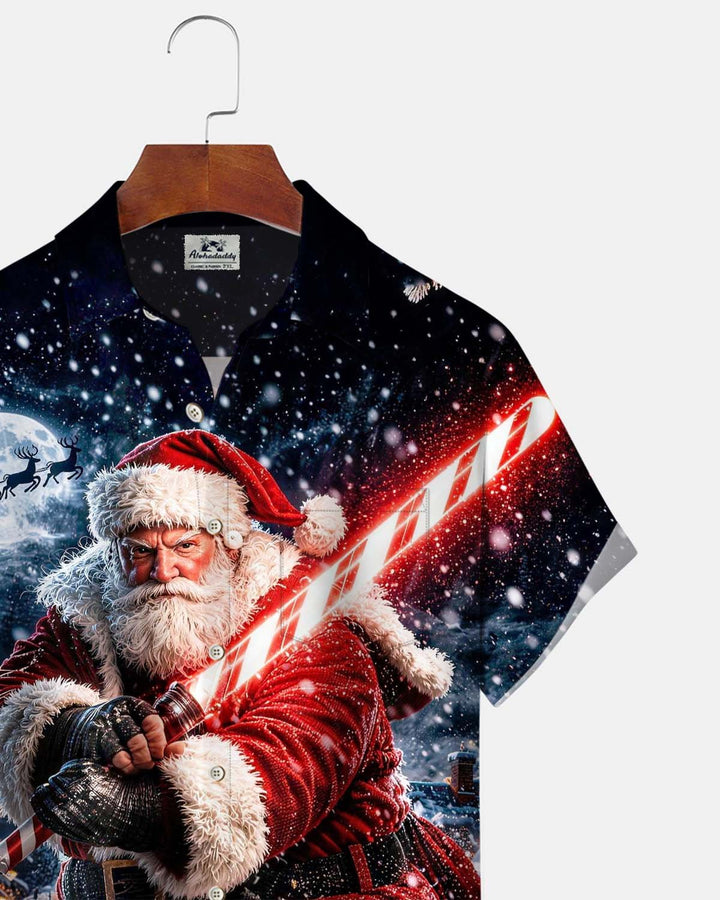 Alohadaddy® Holiday/Christmas Print Button-Down Short-Sleeve Men’s Cardigan Shirt with Pocket