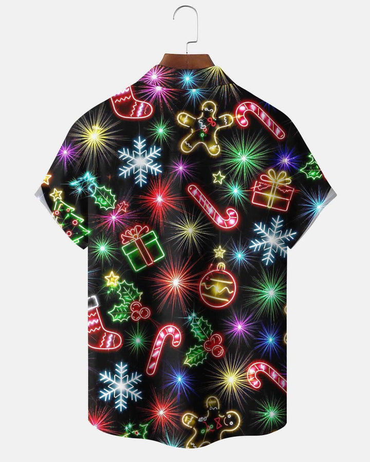 Alohadaddy® Holiday/Christmas Print Button-Down Short-Sleeve Men’s Cardigan Shirt with Pocket