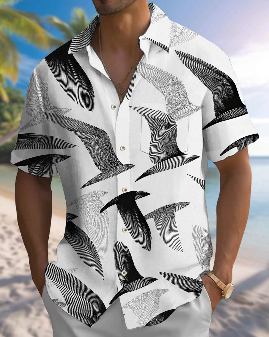 Alohadaddy® Men’s Short-Sleeve Button-Down Shirt with Bird Print Featuring a Chest Pocket