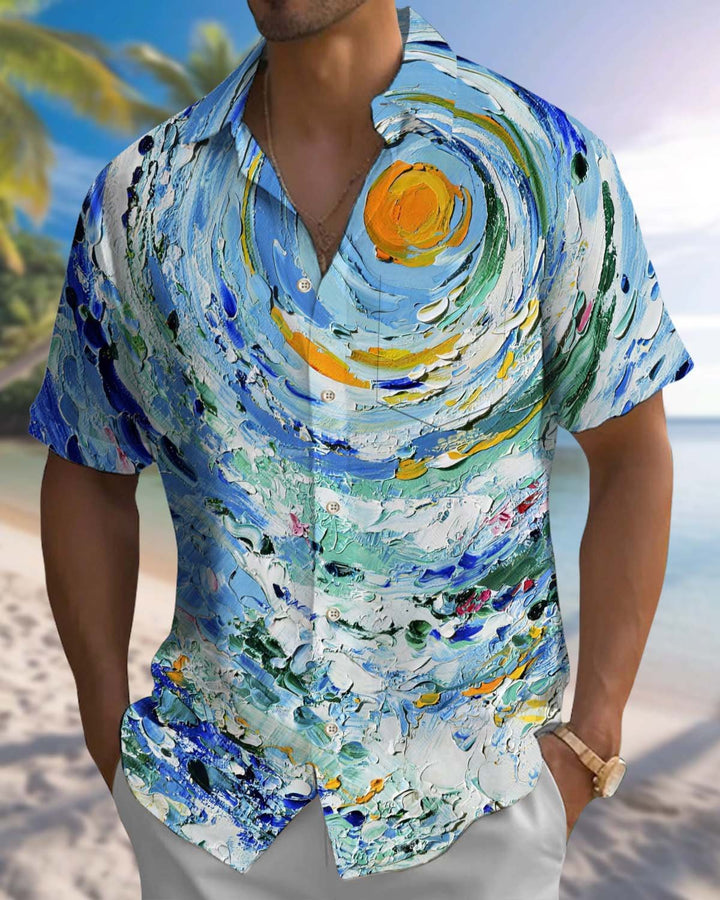 Alohadaddy® Vintage Oil Painting-Style "Starry Night" (Van Gogh) Print Men’s Short-Sleeve Button-Down Shirt with Pocket