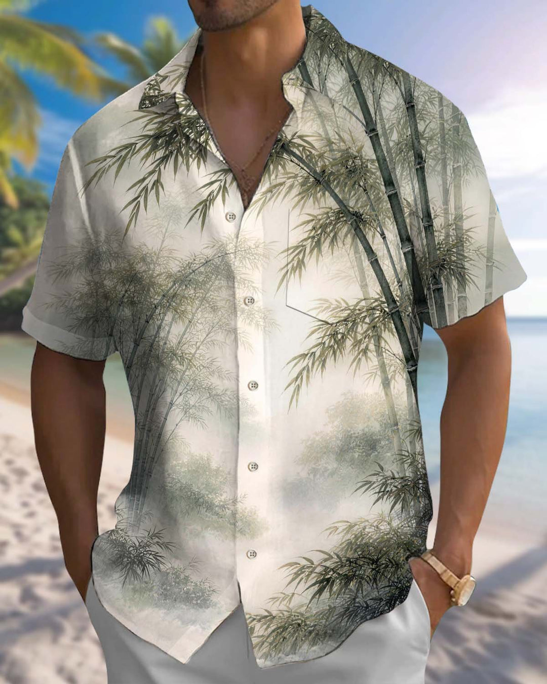 Alohadaddy® Men’s Short-Sleeve Button-Down Shirt with Bamboo Print Featuring a Chest Pocket