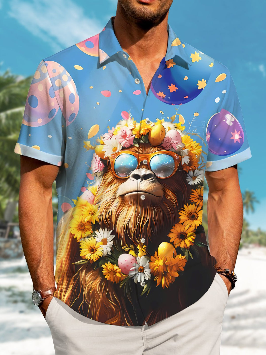 Alohadaddy Hawaii Resort Style Easter Bigfoot Print Art Pocket Button Stretch Large Size Men&