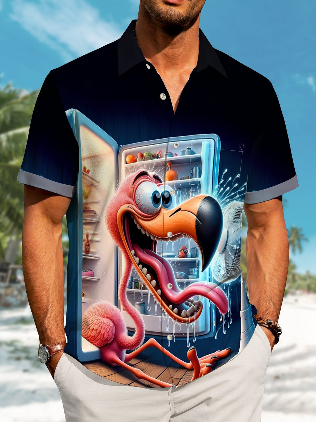 Alohadaddy Hawaii Resort Style Hot Flamingo Refrigerator Print Art Button Stretch Large Size Men&