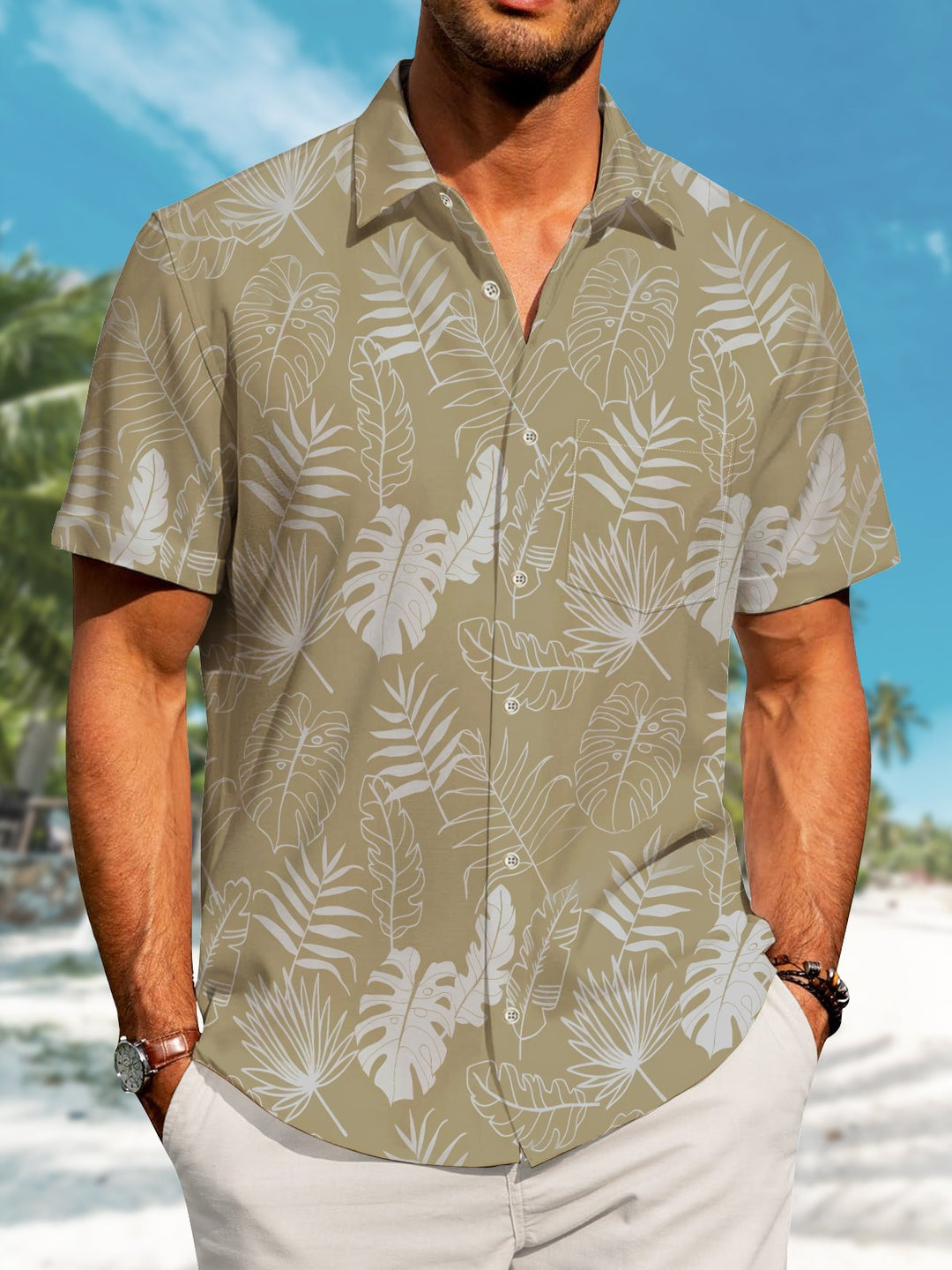 Alohadaddy Hawaiian Resort Style Tropical Plants Leaves Print Art Pockets Buttons Elastic Oversized Shirt