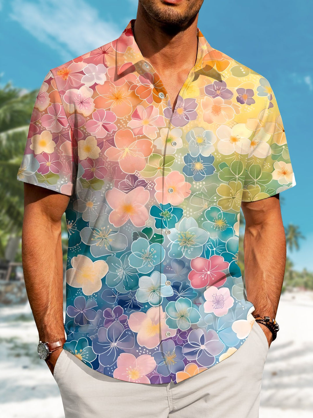 Alohadaddy Hawaiian Holiday Style Macron Color Flower Print Art Pocket Button Elastic Large Size Shirt