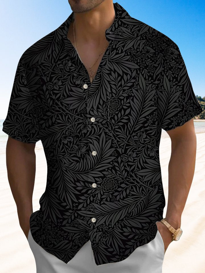 Alohadaddy Hawaiian Dark Pattern Plant Leaves Button Cardigan Pocket Elastic Large Size Short Sleeve Shirt