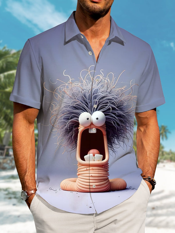 Alohadaddy Casual Collection Simple Crazy Bug Button Cardigan Pocket Stretch Oversized Polyester Short Sleeve Shirt