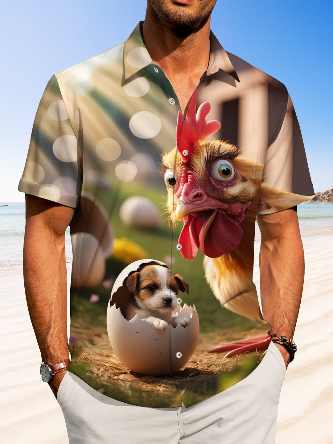 Alohadaddy Casual Collection Rooster Puppy Print Art Button Cardigan Pocket Elastic Oversized Short Sleeve Shirt