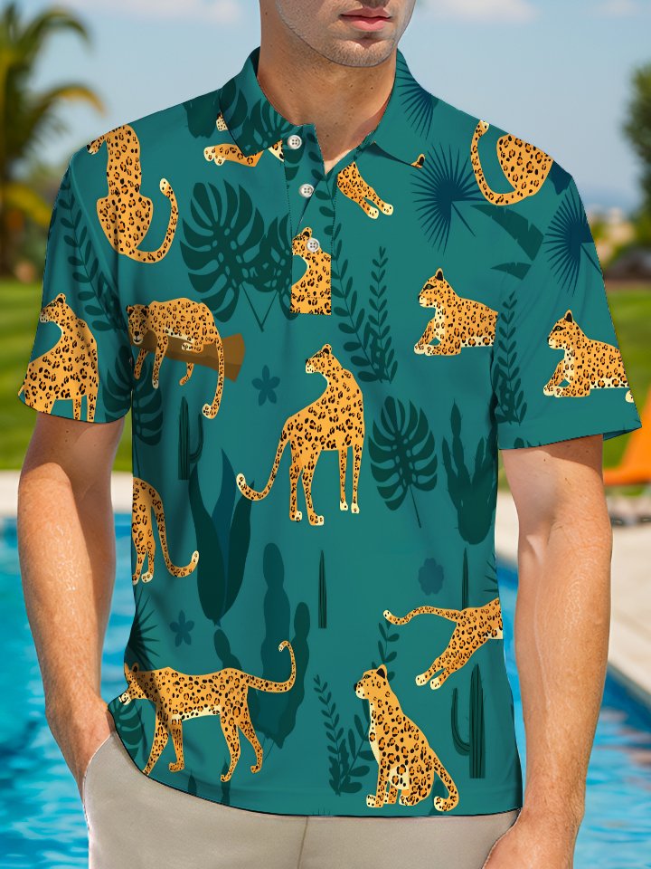 Alohadaddy Hawaiian Animal Cheetah Print Art Button Elastic Large Size Short Sleeve Polo Shirt
