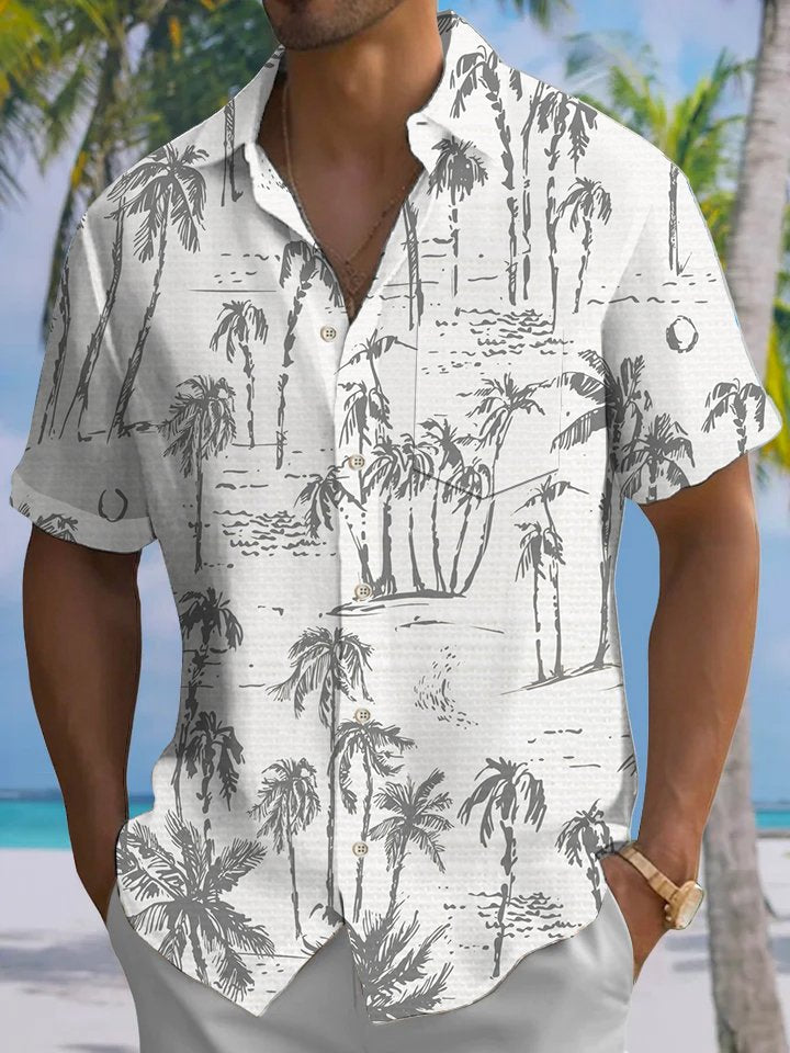 Alohadaddy Hawaiian Palm Tree Painting Art Button Cardigan Pockets Large Size Long Polyester Short Sleeve Shirt