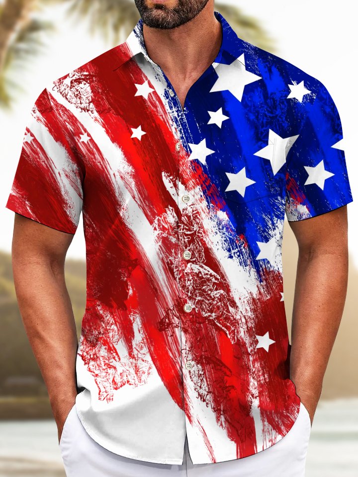 Alohadaddy Casual Collection American Flag Print Art Button Cardigan Pockets Elastic Oversized Short Sleeve Shirt