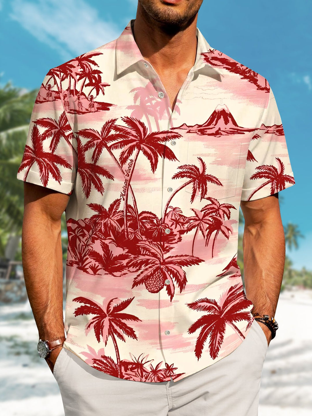 Alohadaddy Hawaiian Palm Tree Painting Art Button Cardigan Pocket Stretch Large Size Long Short Sleeve Shirt