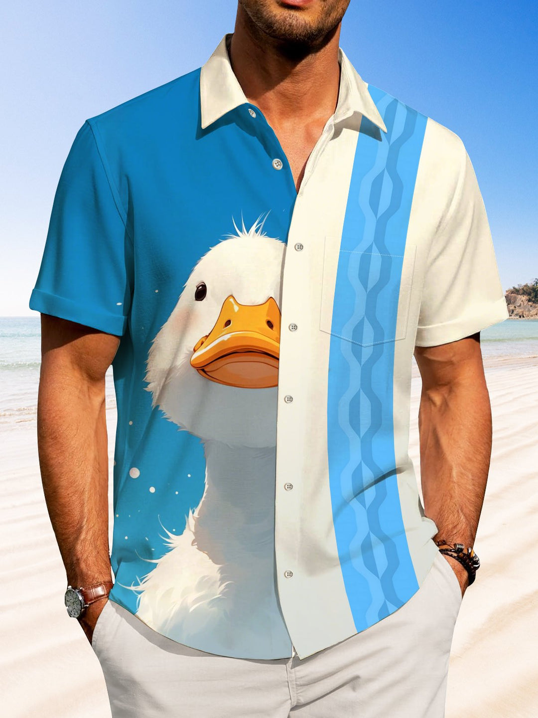 Alohadaddy Hawaiian Casual Vacation Contrast Stripes Big White Goose Print Art Button Cardigan Pocket Stretch Polyester Long Large Size Short Sleeve Shirt