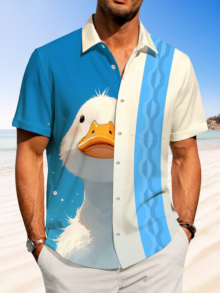 Alohadaddy Hawaiian Casual Vacation Contrast Stripes Big White Goose Print Art Button Cardigan Pocket Stretch Polyester Long Large Size Short Sleeve Shirt