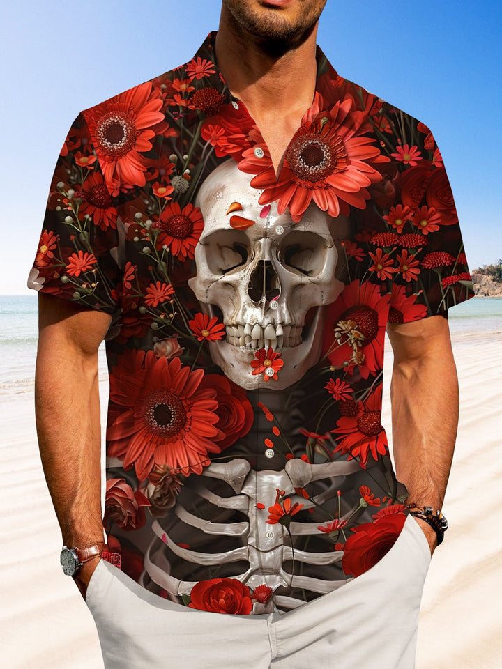 Alohadaddy Hawaiian Casual Flowers Skull Button Cardigan Pockets Stretch Large Size Long Short Sleeve Shirt