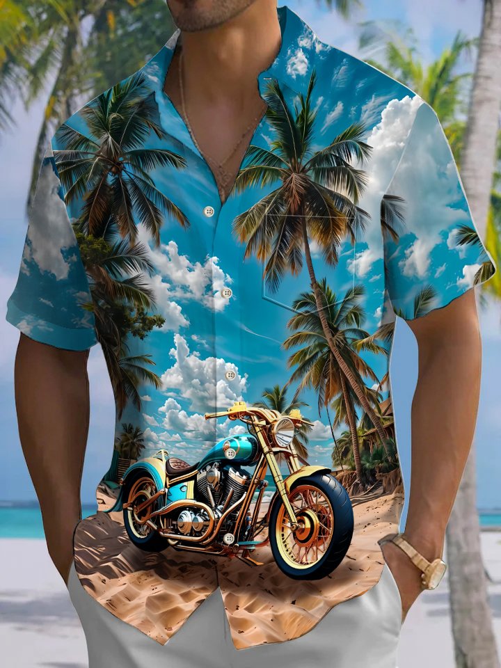 Alohadaddy Hawaiian Motorcycle Palm Tree Print Art Button Pocket Cardigan Stretch Large Size Short Sleeve Shirt