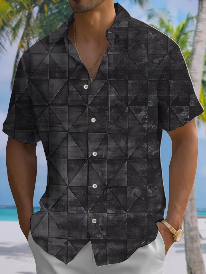 Alohadaddy Casual Collection Daily Geometric Triangle Print Art Button Cardigan Pocket Polyester Stretch Short Sleeve Shirt