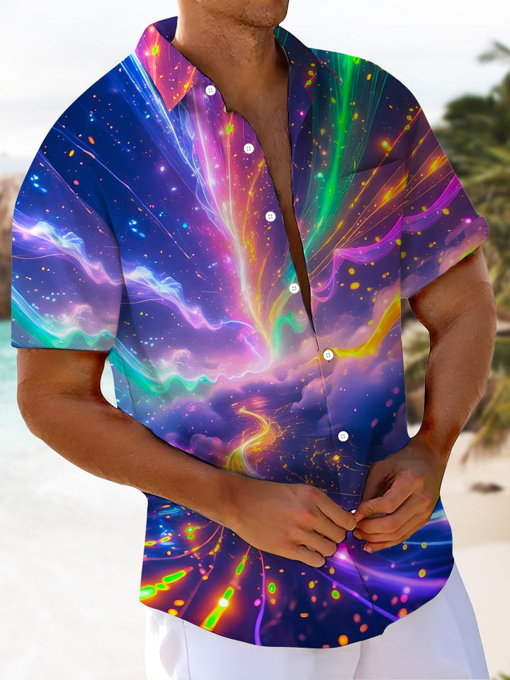 Alohadaddy Moisture Wicking Starry Sky Art Print Stretch Oversized Chest Pocket Short Sleeve Shirt