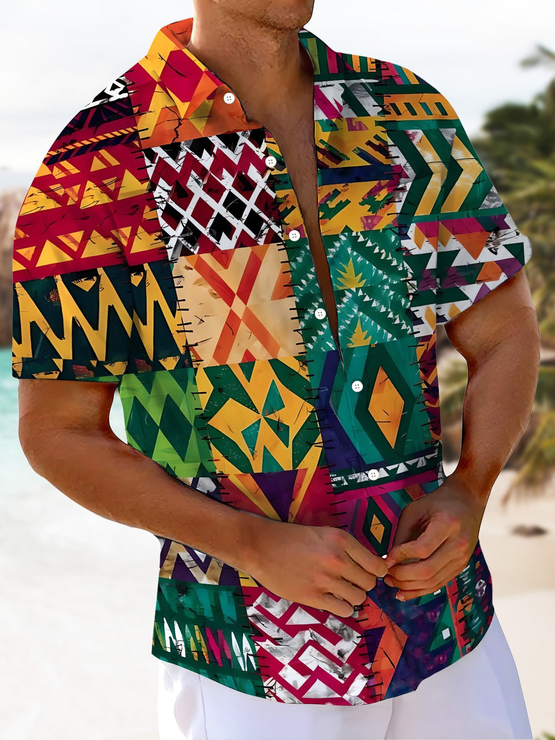 Alohadaddy Moisture Wicking Geometric Democratic Graphics Print Art Chest Pocket Stretch Hawaiian Short Sleeve Shirt