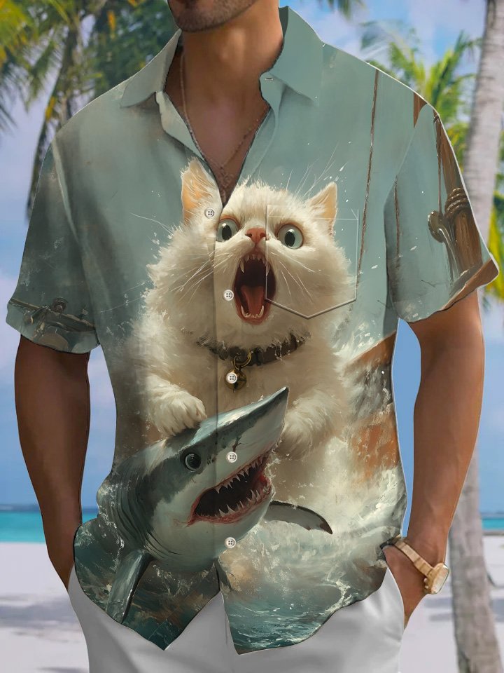 Alohadaddy Vintage Oil Painting Cat Shark Print Art Moisture Wicking Chest Pocket Hawaiian Short Sleeve Shirt