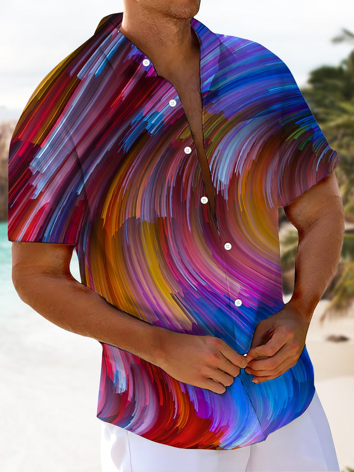 Alohadaddy Abstract Art Stripes Printed Art Chest Pocket Large Size Hawaiian Short Sleeve Shirt