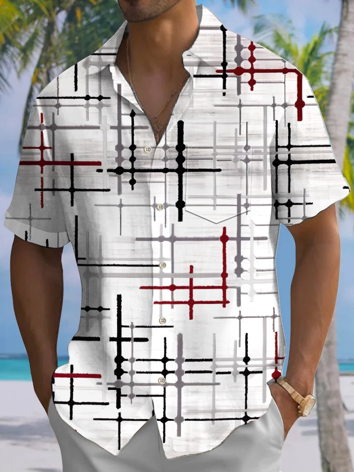 Alohadaddy Casual Stripes Art Print Moisture Wicking Chest Pocket Oversized Stretch Hawaiian Short Sleeve Shirt