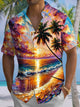 Alohadaddy® Seaside Painting Palm Trees Print Art Chest Pocket Large Size Long Hawaiian Men's Short Sleeve Shirt