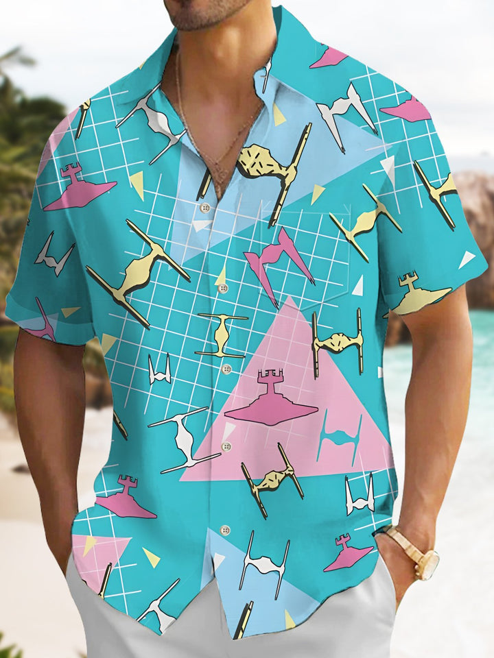 Alohadaddy® Casual Geometric Star Wars Art Print Chest Pocket Stretch Oversized Hawaiian Shirt