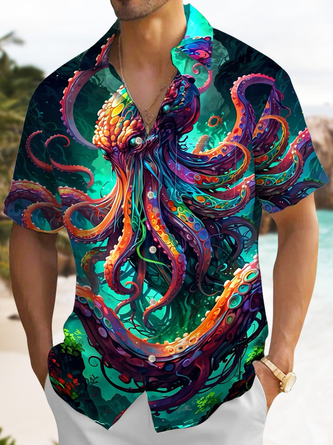 Alohadaddy® Graffiti Octopus Art Print Chest Pocket Moisture Wicking Large Size Long Men&