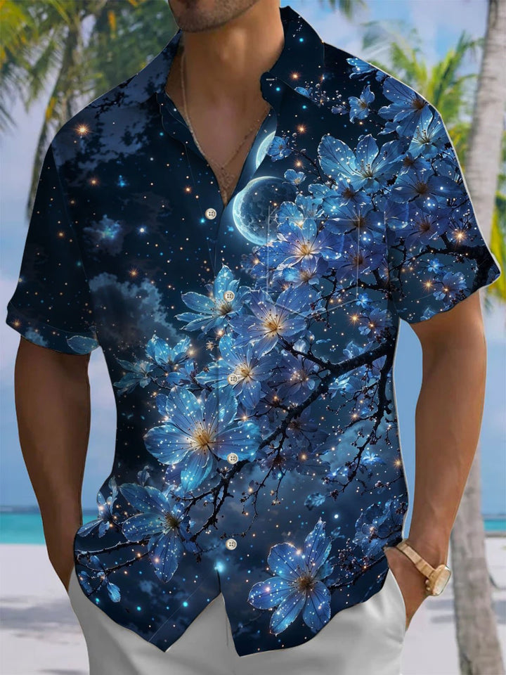 Alohadaddy® Hawaii Night Sky Flowers Print Chest Pocket Mens Short Sleeve Shirt Big &amp; Tall