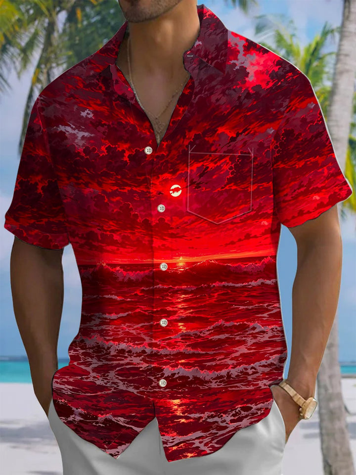 Alohadaddy® Hawaiian Wave Sunset Print Art Chest Pocket Men&