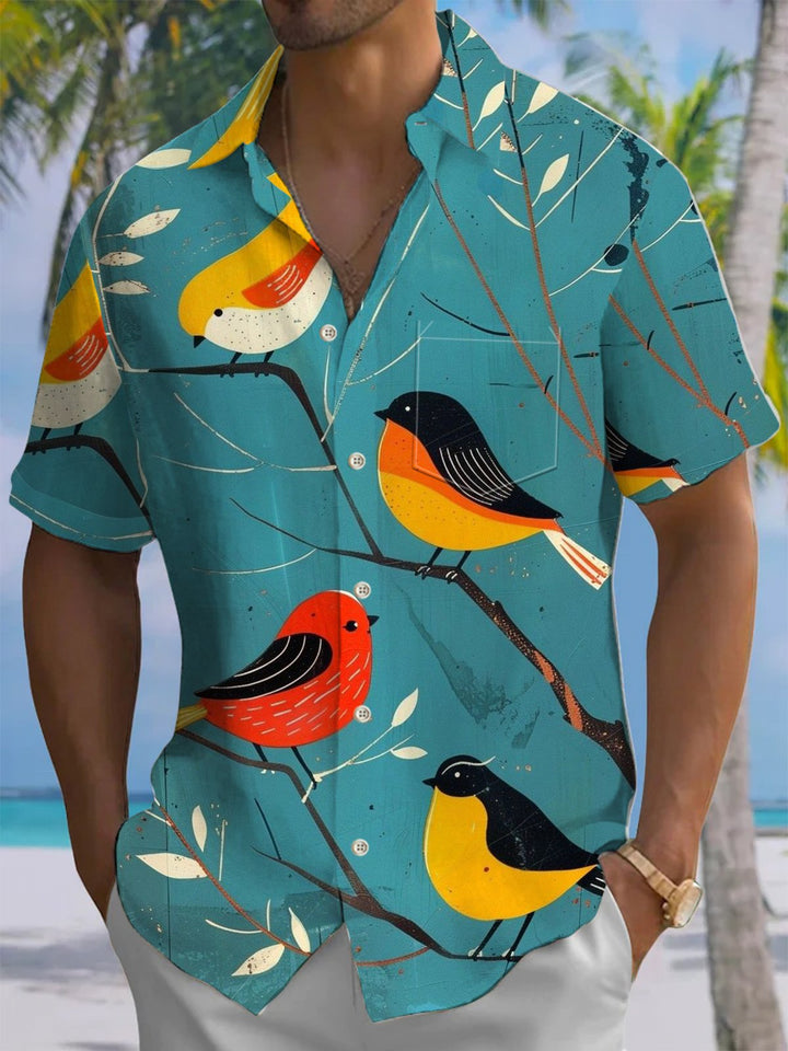 Alohadaddy® Vintage Bird Art Print Chest Pocket Mens Short Sleeve Shirt Big &amp; Tall