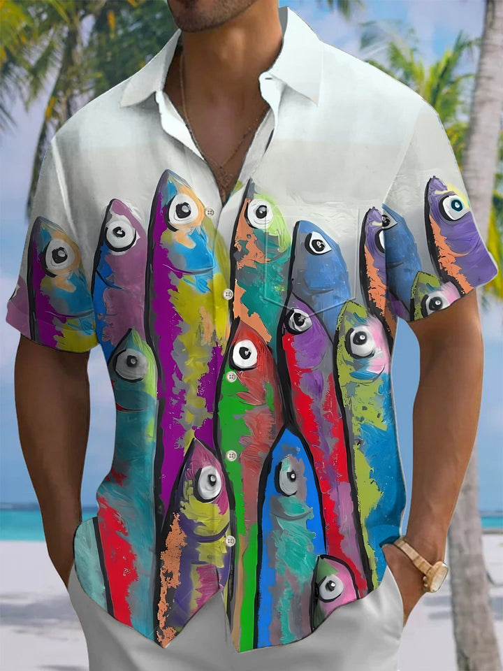 Alohadaddy® Vintage Fish Art Print Chest Pocket Moisture Wicking Men&