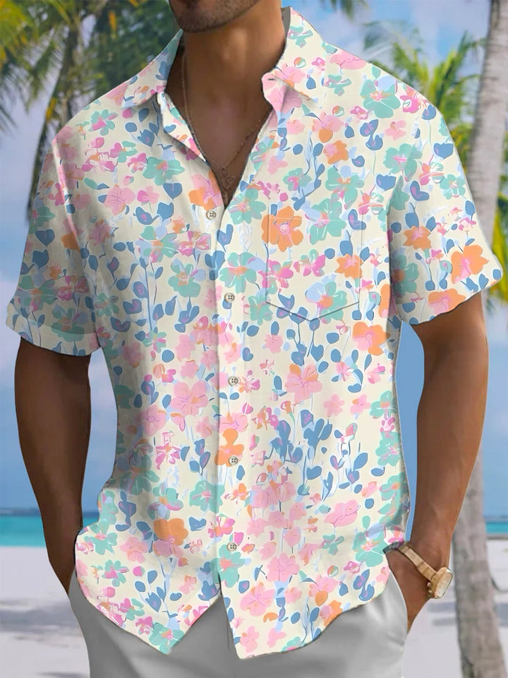 Alohadaddy® Hawaiian Flowers Art Print Chest Pocket Mens Short Sleeve Shirt Big &amp; Tall