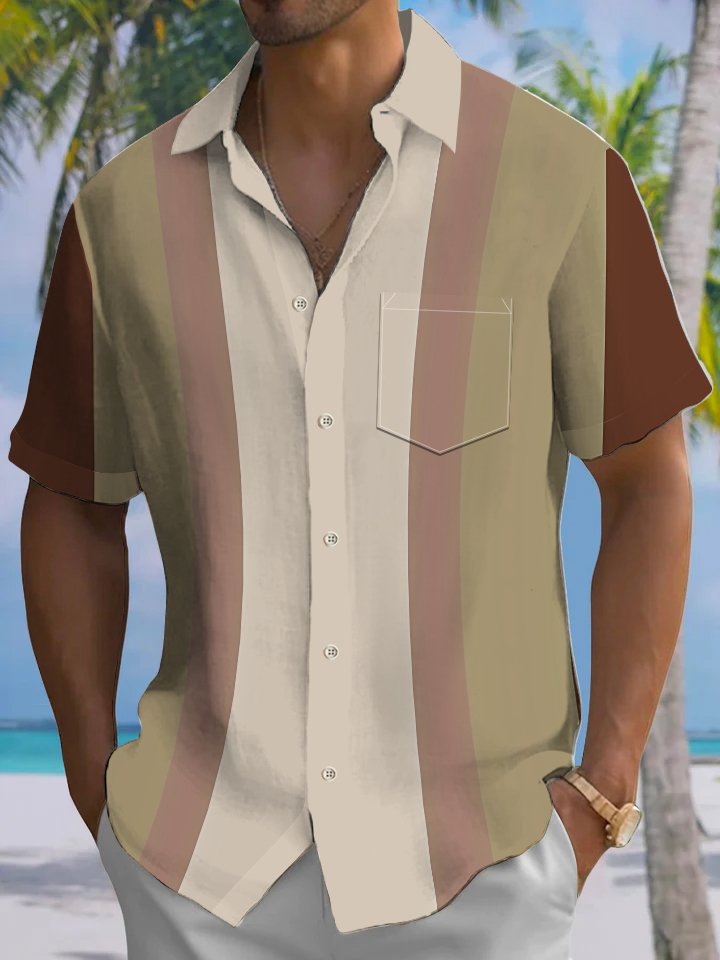 Alohadaddy® Casual Contrast Stripe Art Print Chest Pocket Men&