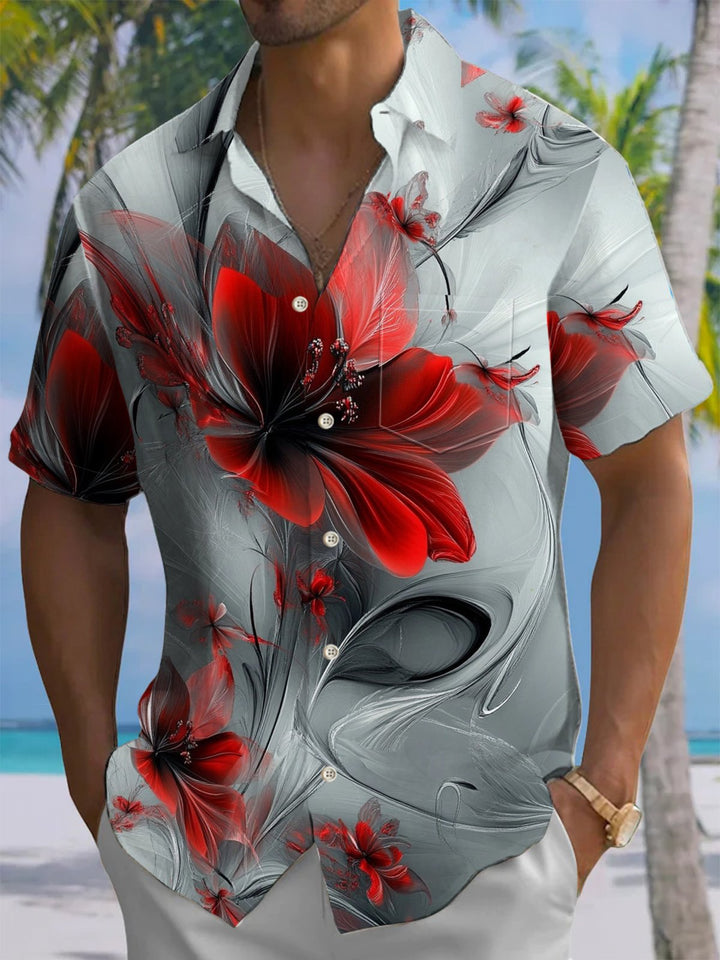 Alohadaddy® Casual Floral Art Print Chest Pocket Men&