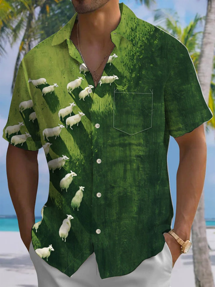 Alohadaddy® Casual Grass Sheep Art Print Chest Pocket Men&
