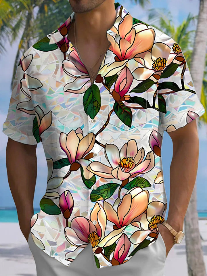 Alohadaddy® Hawaiian Floral Geometric Art Print Chest Pocket Men&