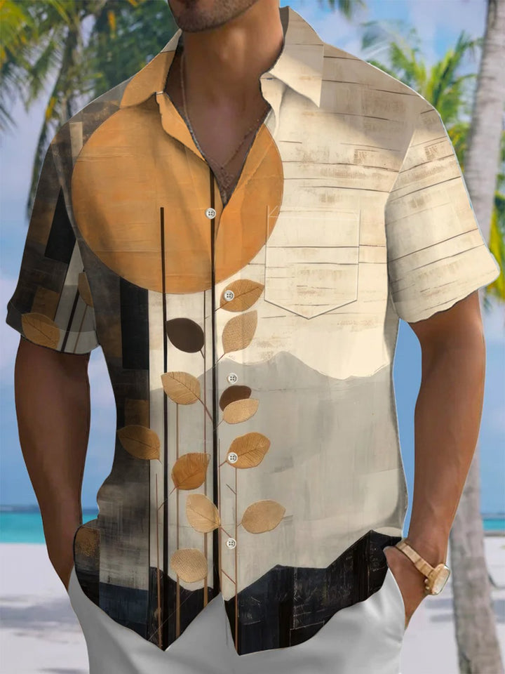 Alohadaddy® Casual Geometric Leaf Art Print Chest Pocket Men&