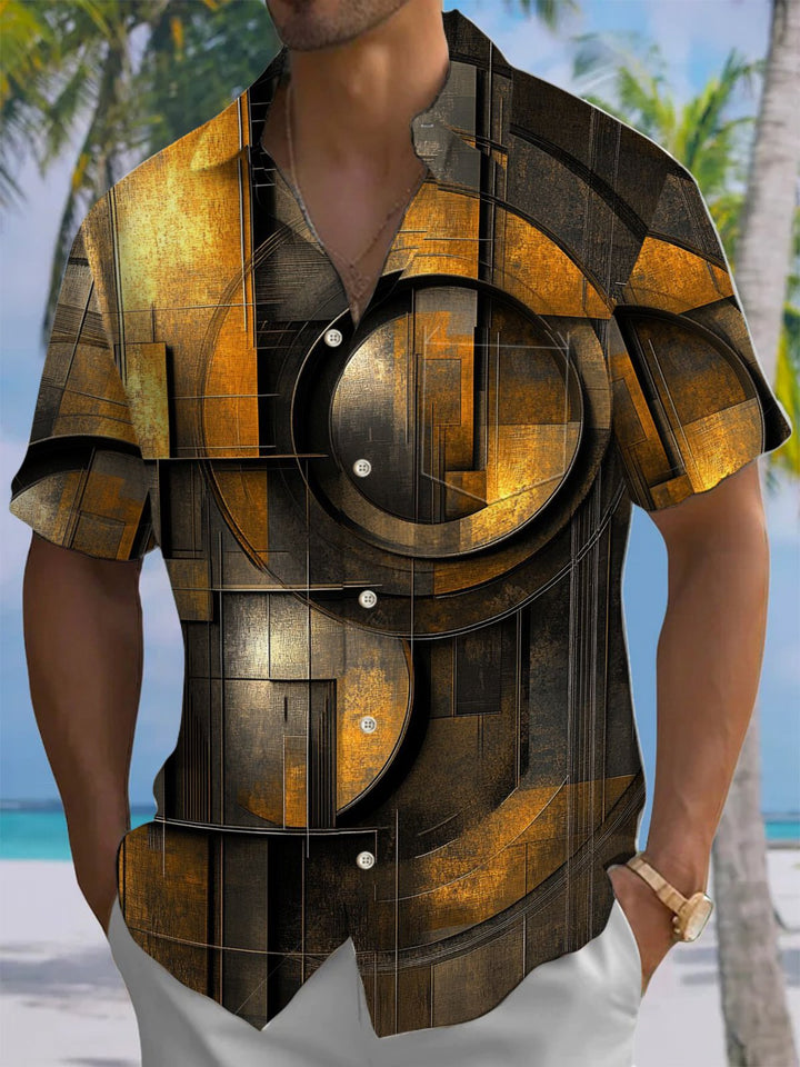 Alohadaddy® Vintage Casual Geometric Rust Art Print Chest Pocket Men&