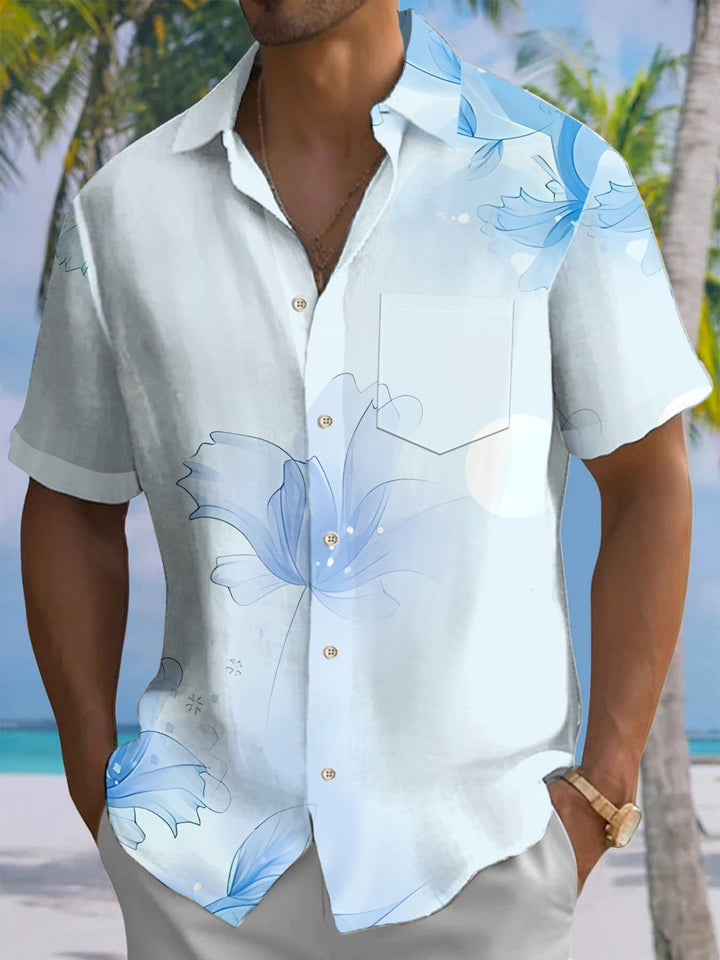 Alohadaddy® Casual Hawaiian Floral Art Print Chest Pocket Men&