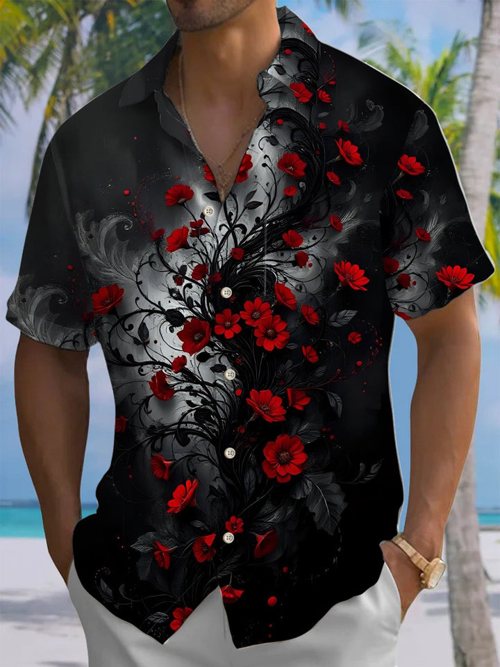Alohadaddy® Vintage Floral Art Print Chest Pocket Stretch Men&