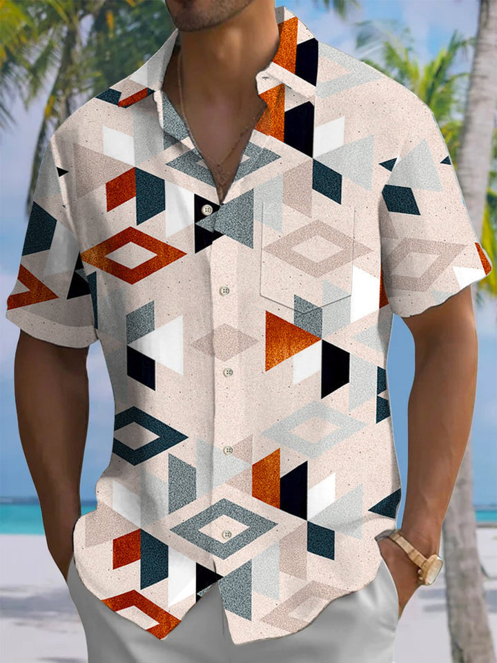 Alohadaddy® Casual Geometric Art Print Chest Pocket Stretch Men&