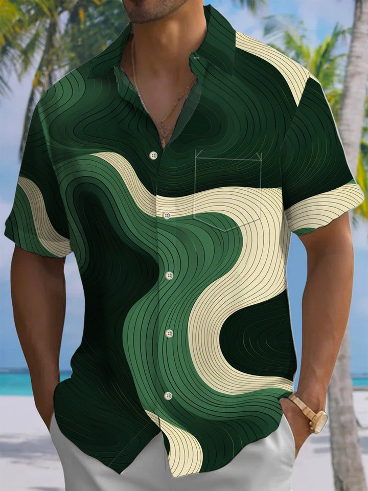 Alohadaddy® Casual Abstract Stripe Art Print Chest Pocket Men&