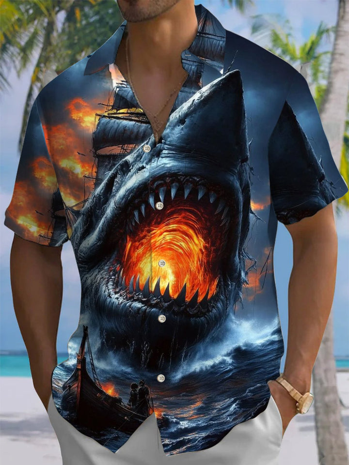Alohadaddy® Casual Shark Pirate Ship Print Art Stretch Men&