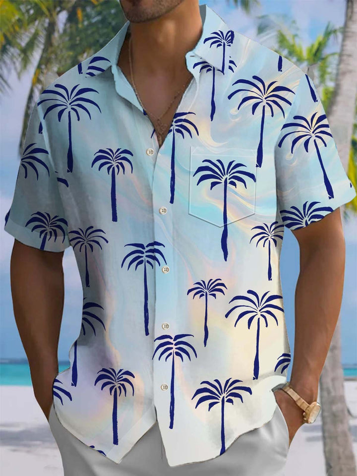 Alohadaddy® Hawaiian Palm Tree Art Print Chest Pocket Stretch Men&