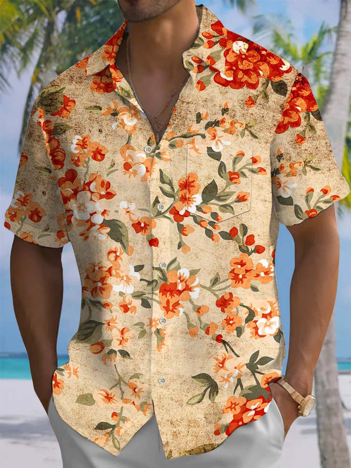 Alohadaddy® Vintage Floral Art Print Chest Pocket Stretch Men&