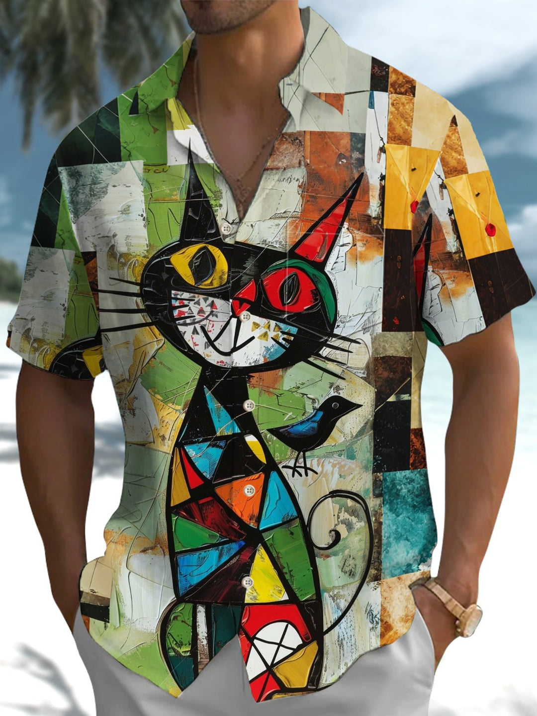 Alohadaddy® Vintage Geometric Acrylic Cat Print Art with Pockets and Stretch for Men&